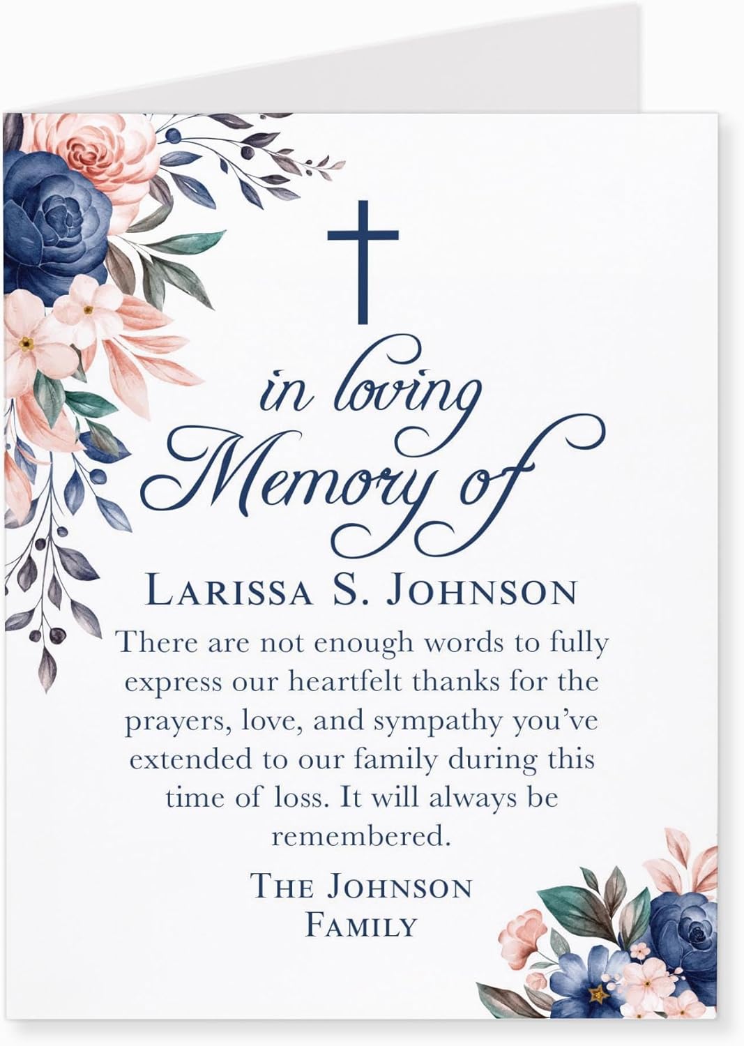 Navy Blue Floral Funeral Thank You Cards with Cross, Personalized Sympathy Acknowledgements, In Loving Memory 4.25x5.5 Bereavement Notes with Envelopes (Folded Card)