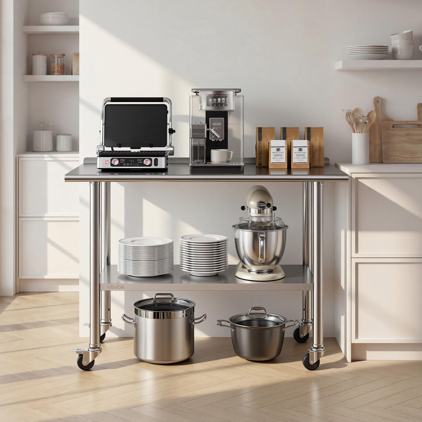VEVOR Mesa de Trabajo de Acero Inoxidable 2 Niveles, Mesa de Preparación con Ruedas 122 x 61 x 89,4 cm, Estante Inferior Ajustable, Protector contra Salpicaduras, para Restaurantes, Bares, Hoteles
