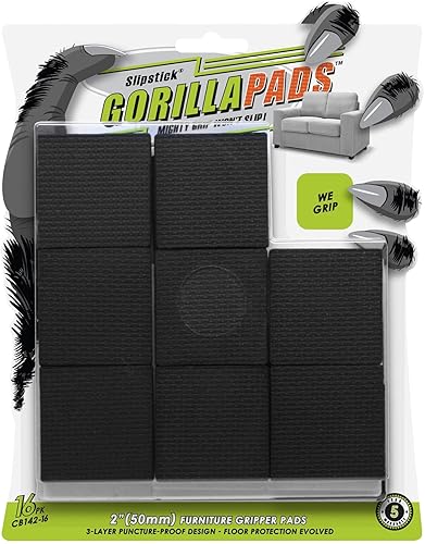 GorillaPads CB142-16 - Almohadillas antideslizantes para muebles (juego de 16 empuñaduras), protectores de piso cuadrados de 2 pulgadas para debajo