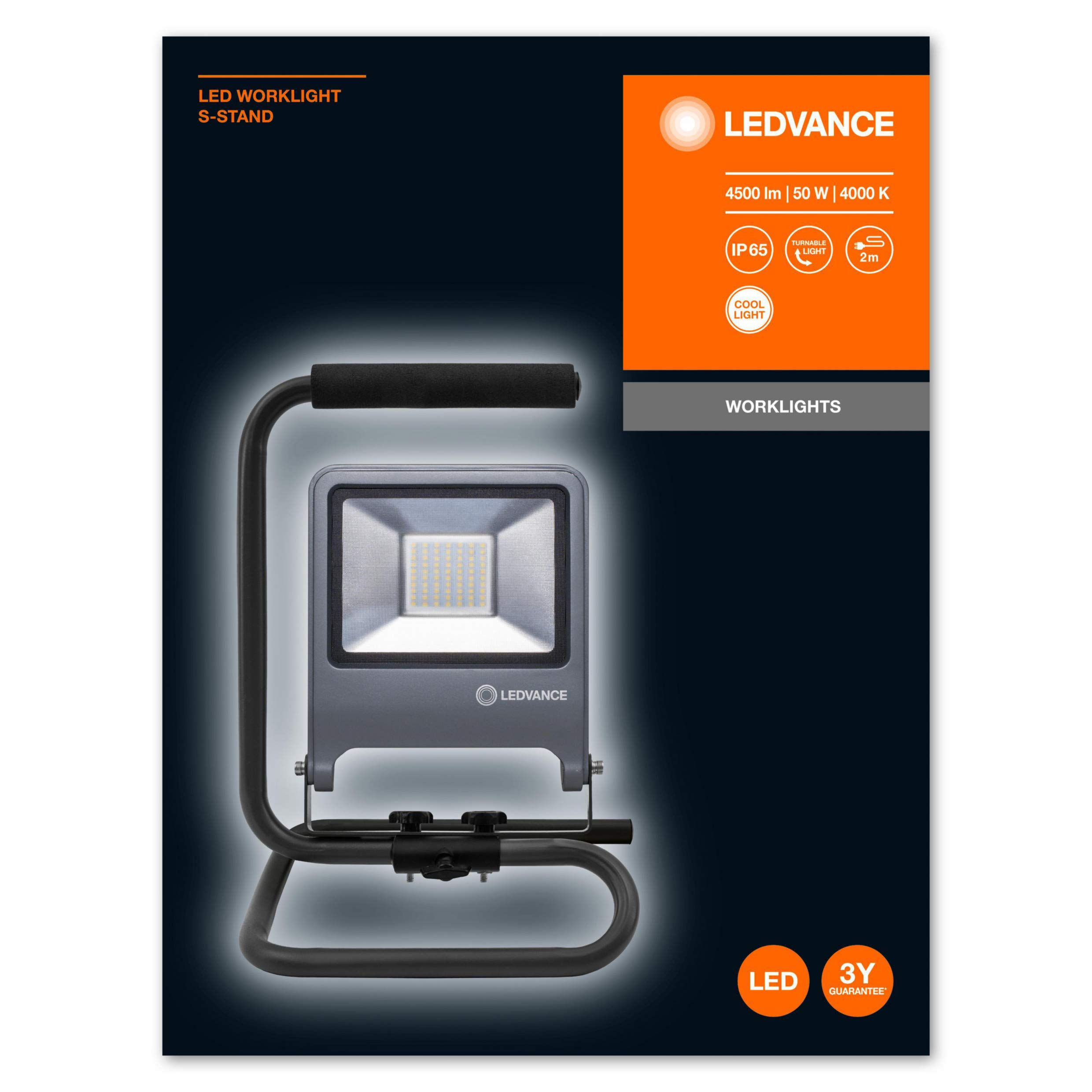 Luminaire: adapté au sol, Worklights S-STAND / 50 W, 220…240 V, angle de rayonnement: 120°, Blanc froid, 4000 K, matériau de corps: aluminum/acier, IP65, 10-pack