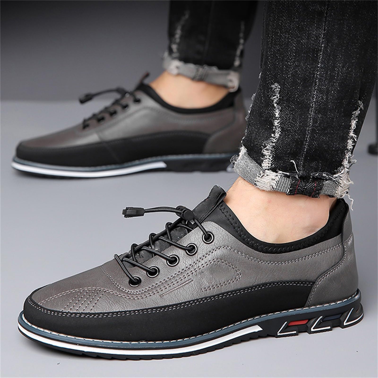 Scarpe da uomo in pelle casual con lacci elastici a chiusura rapida, Grigio