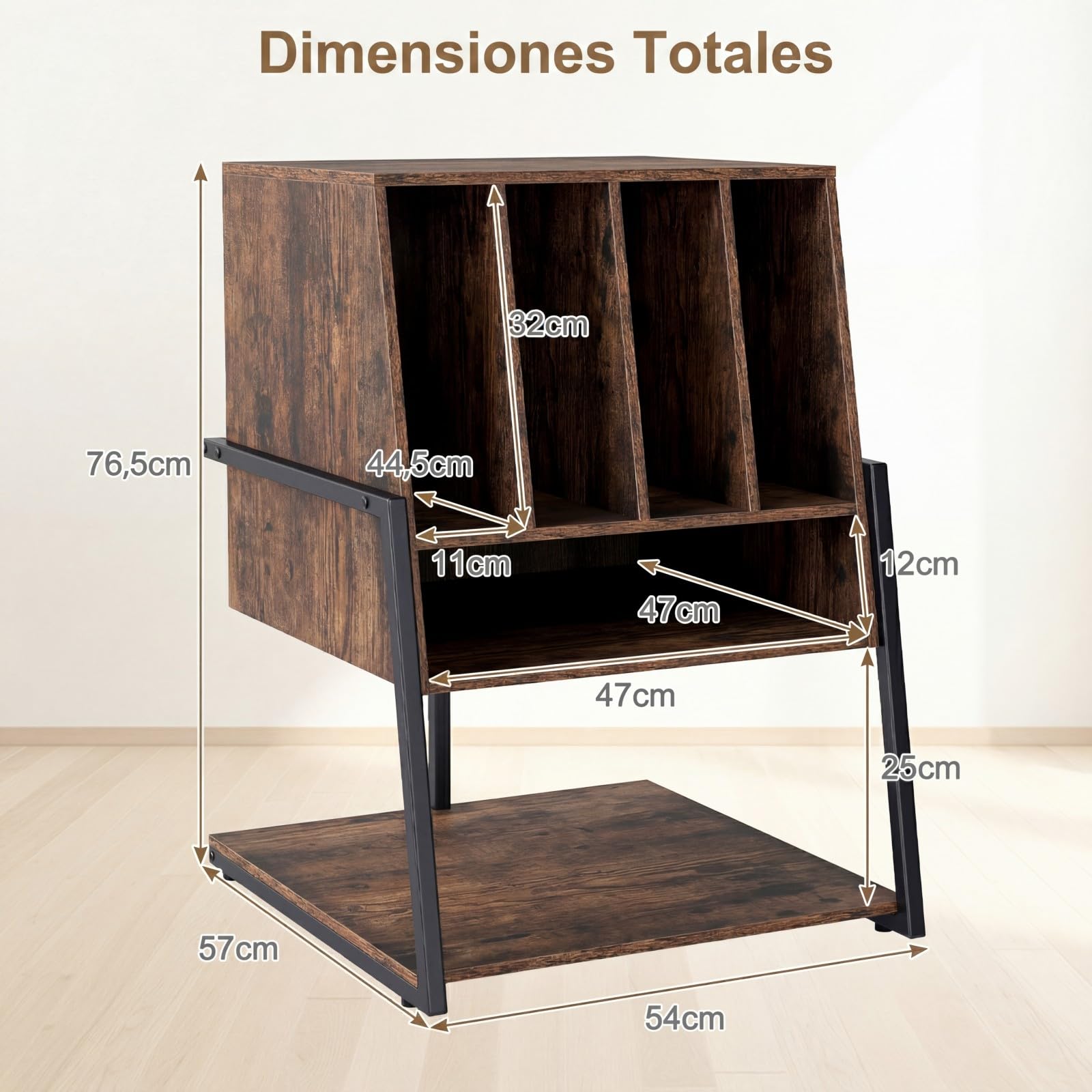COSTWAY Mueble Tocadiscos con Ruedas, Mesa Auxiliar de Madera para Discos, Marco Metálico con Estante para Vinilos, Mueble para Tocadiscos y Vinilos, Salón y Dormitorio (sin Eschufe,Marrón)