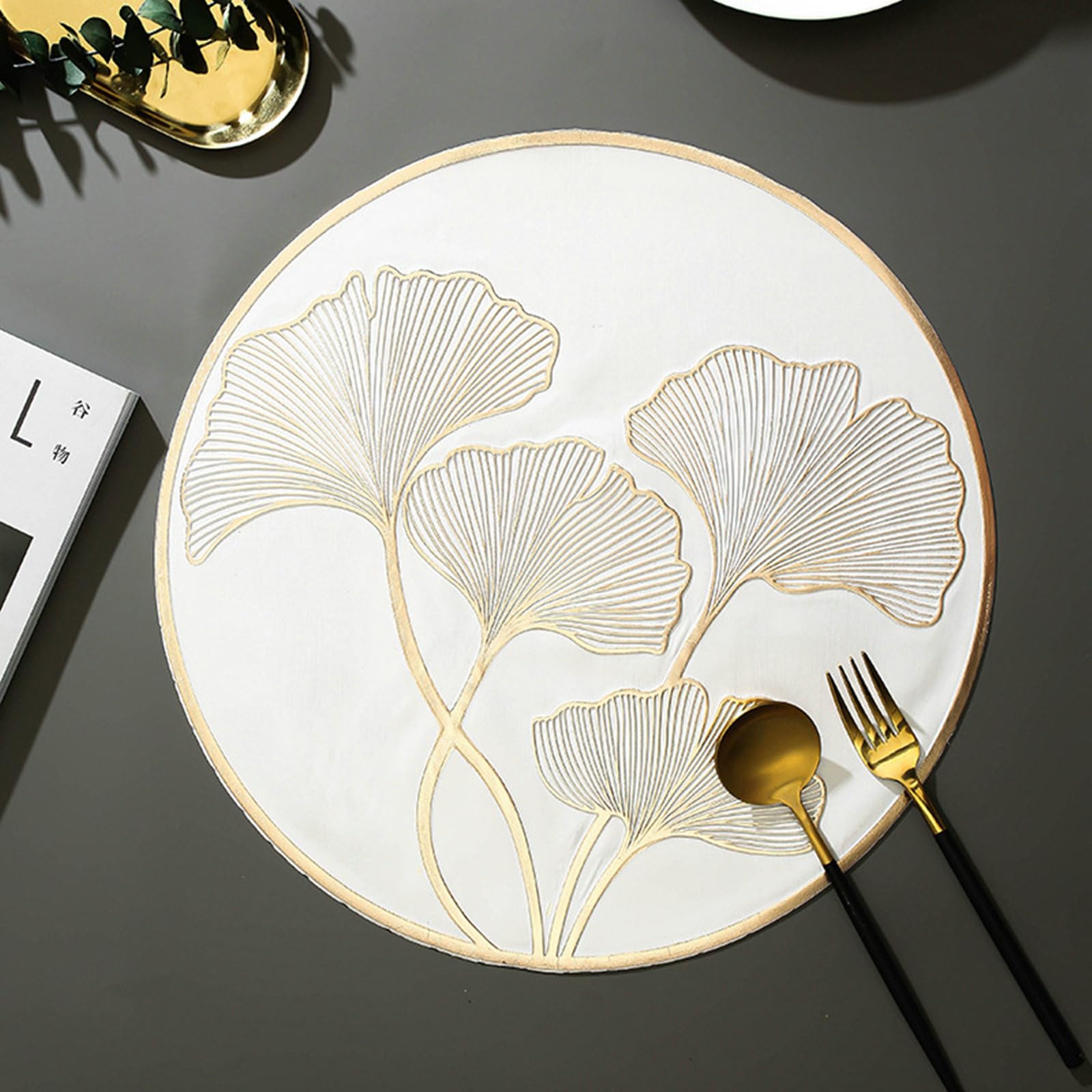 Set de Table Lot de 10, Sets de Table Lavables PVC Rond Motif de Feuilles de Ginkgo de Style Européen Antidérapant, Résistant à la Chaleur, pour Cuisine, Or, 38CM