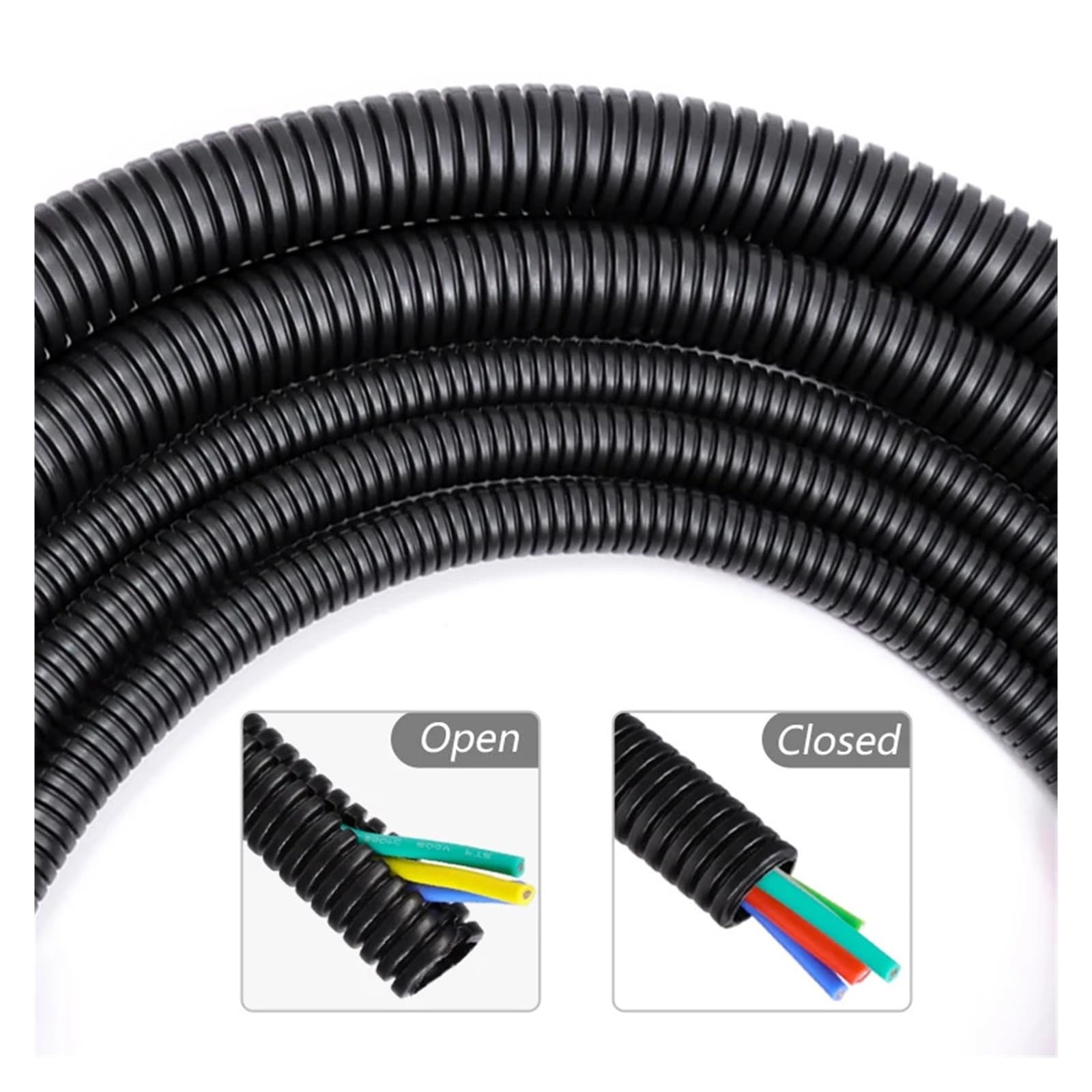 Tubo flessibile in filo ondulato isolato in PP da 1/3/5/10 metri, AD7,5 mm - 34,5 mm, guaina protettiva resistente al calore for cavi for auto(Black Open,ID17MM_5 METERS)