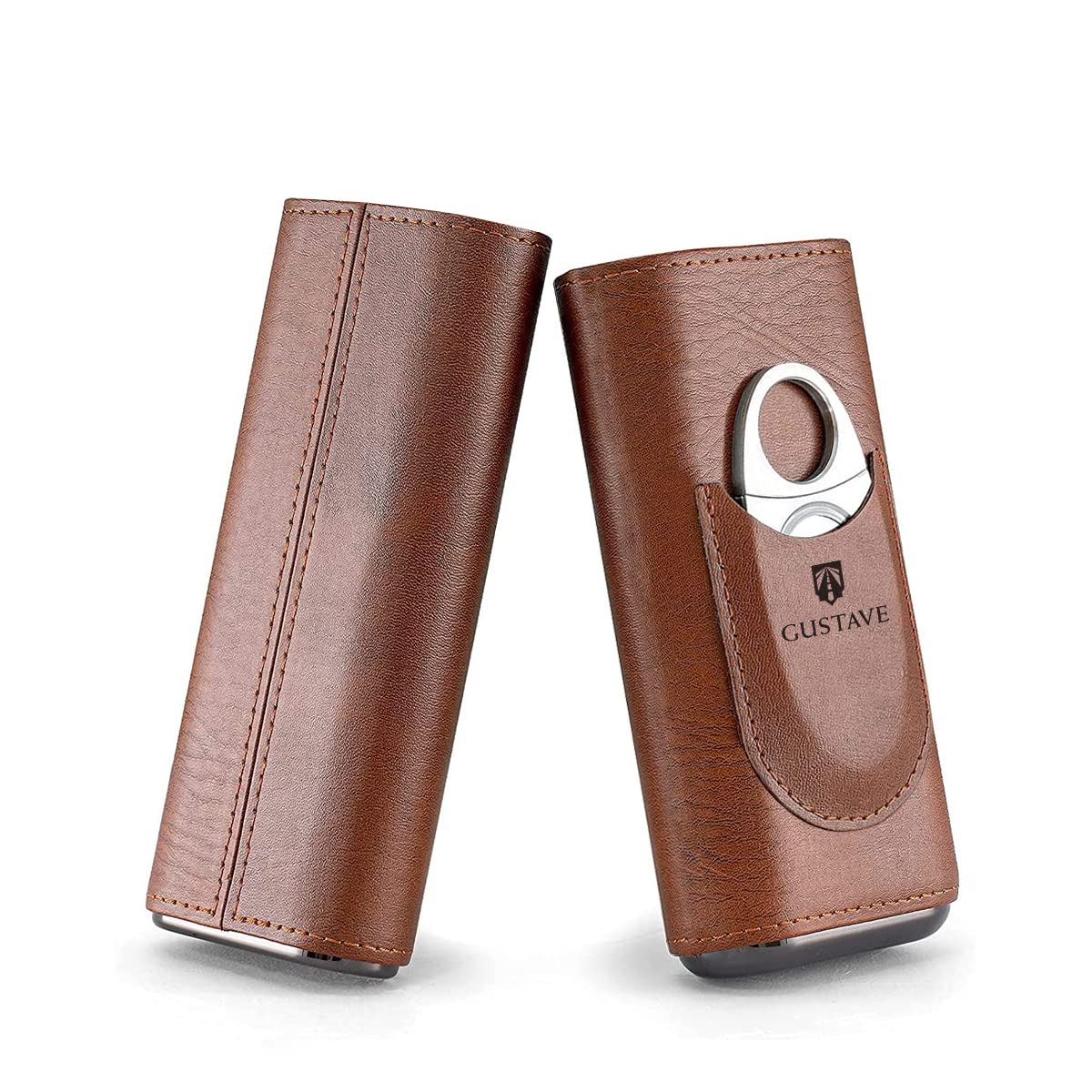 Gustave® Cigar Case, Holds Up to 3 Cigars, Cedar Wood Lining Travel Cigars Case, Leather Cigar Case with Stainless Steel Cigar Cutter, Cigar Gift Set for Man (2PCS)-image-2