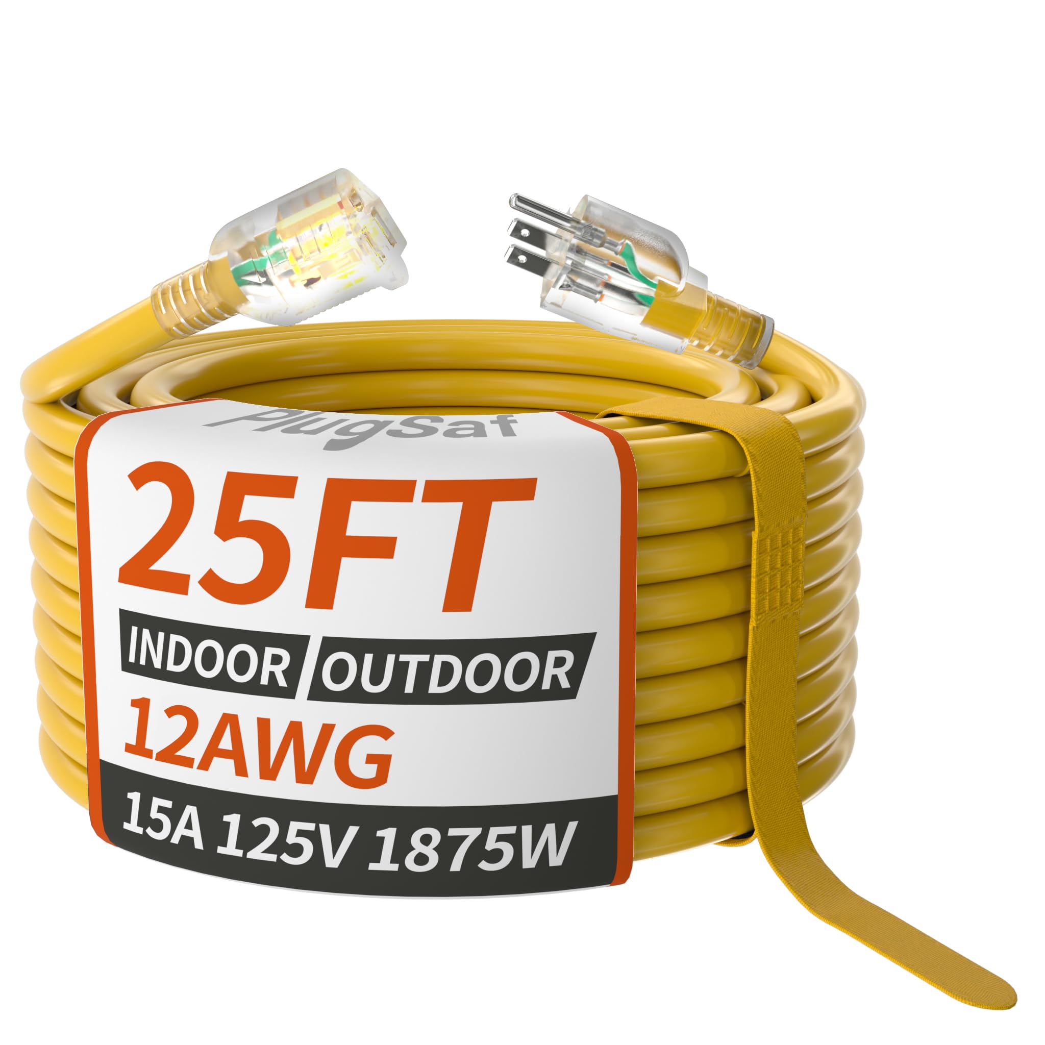 PlugSaf 25FT 12 Gauge Extension Cord, Heavy Duty Extension Cord, Yellow