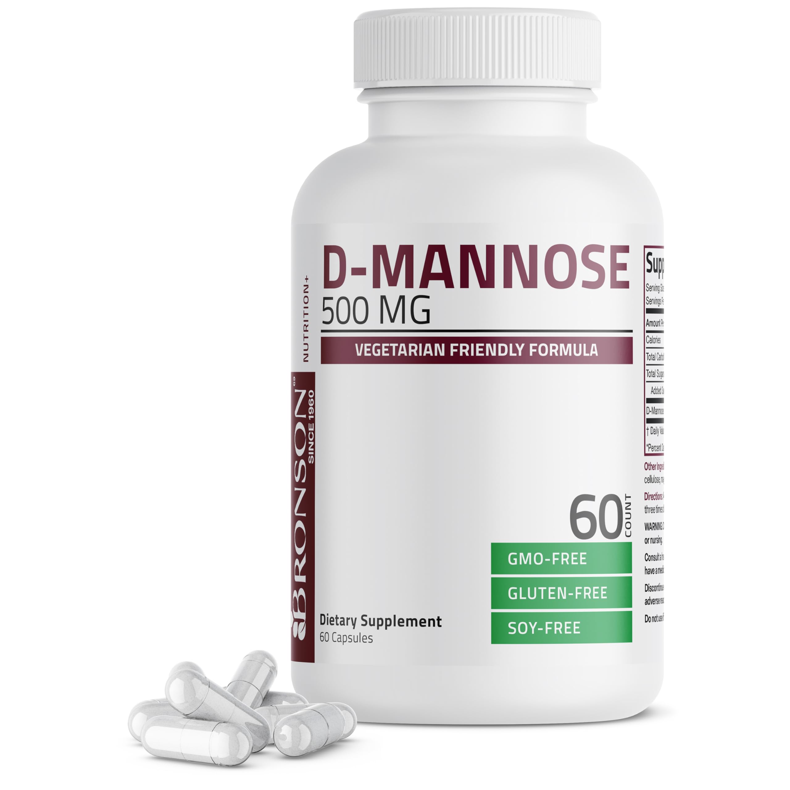 Bronson D-Mannose 500 MG Vegetarian Friendly Formula Non-GMO, 60 Capsules 60 Count (Pack of 1)