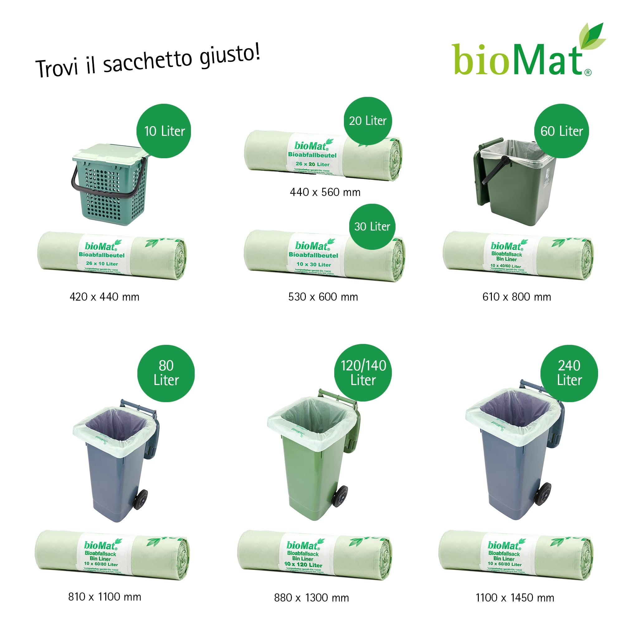 bioMat Sacchetti per la Spazzatura 80l Compostabili, 100 Sacchi per Bidone dell’ Umido, Bidone per Rifiuti Residui, Qualità Premium, Neutrali dal Punto di Vista Climatico, Made in Germany