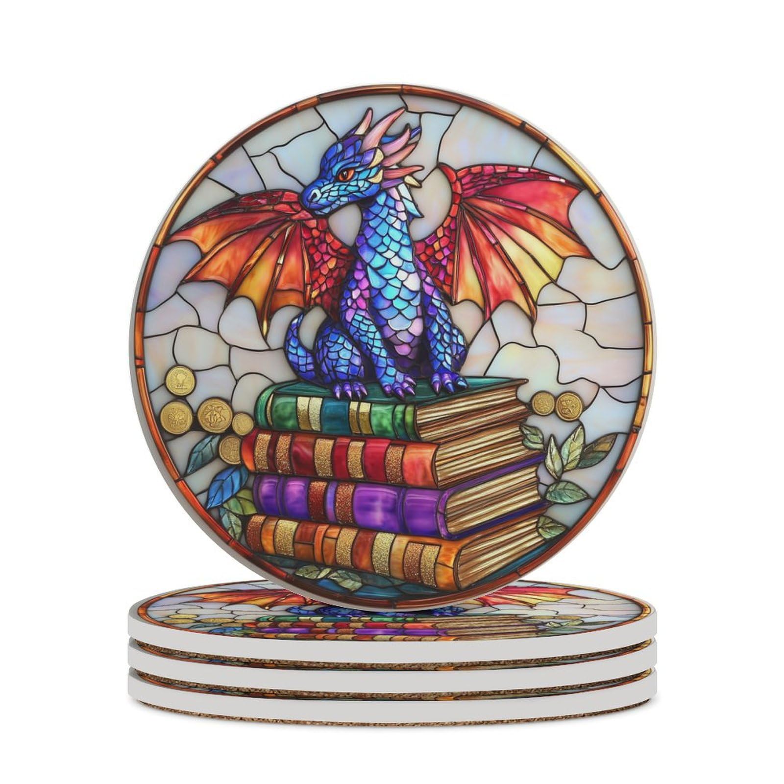 Stained Glass Dragon on Books Coasters Set of 4 Absorbent Coasters