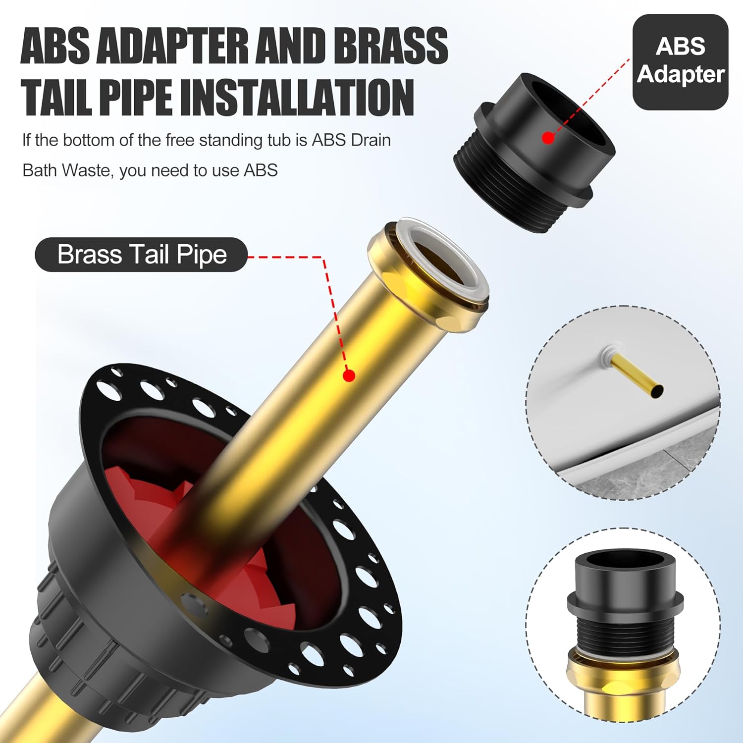 ABS Freestanding Tub Drain Kit, Bathtub Drain Rough-in Kit，Compatible with Freestanding Bathtubs, Floor Mounted Bathtubs and Island Bathtubs, with ABS Plastic Adapter and Brass Tail Pipes