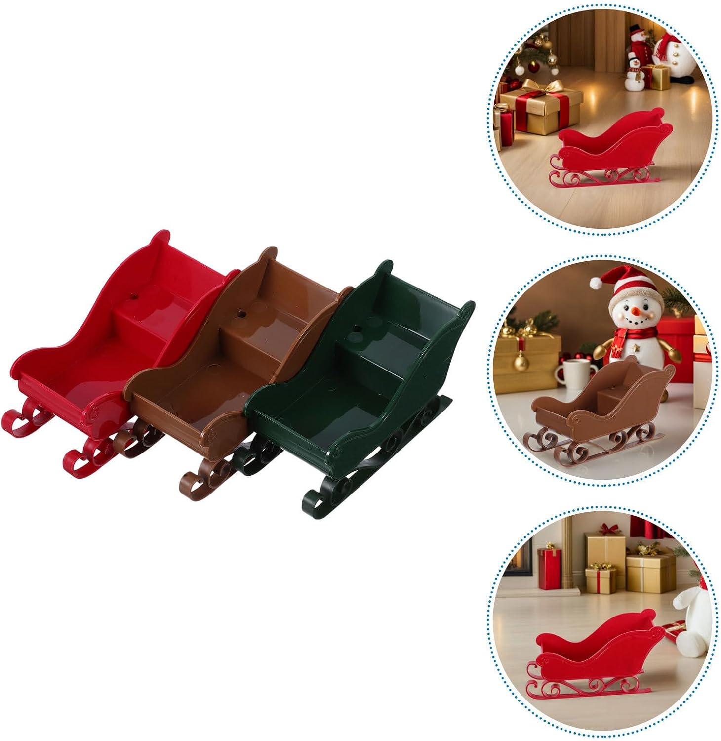 3pcs Mini Christmas Sleigh Ornaments, Plastic Desktop Figurines for Xmas