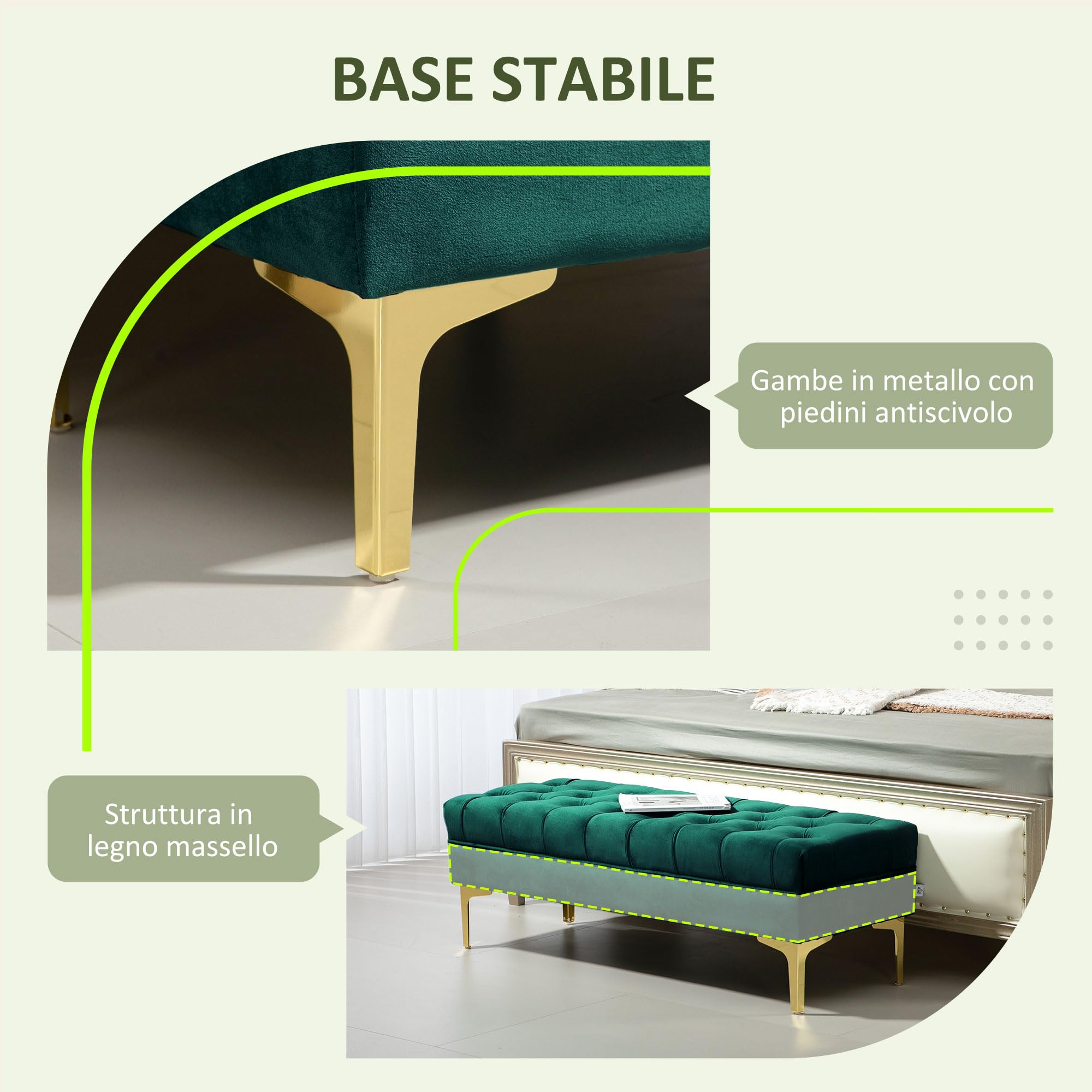 HOMCOM Panca Camera da Letto con Rivestimento Trapuntato, Panca Imbottita in Velluto con Gambe in Metallo per Ingresso, Corridoio e Soggiorno, 118x45x42 cm, Verde Scuro