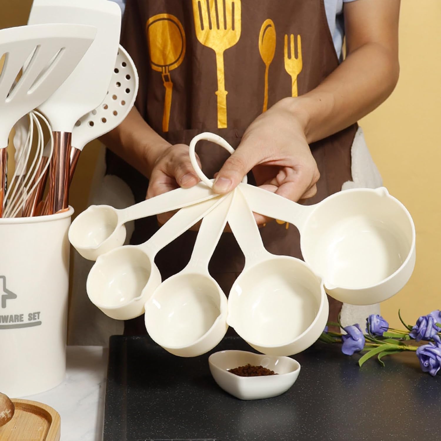 Juego de utensilios de cocina, utensilios de cocina de silicona antiadherente con espátulas y cucharas, utensilios de mango largo con organizador para cocinar, juego de 10 herramientas de cocina
