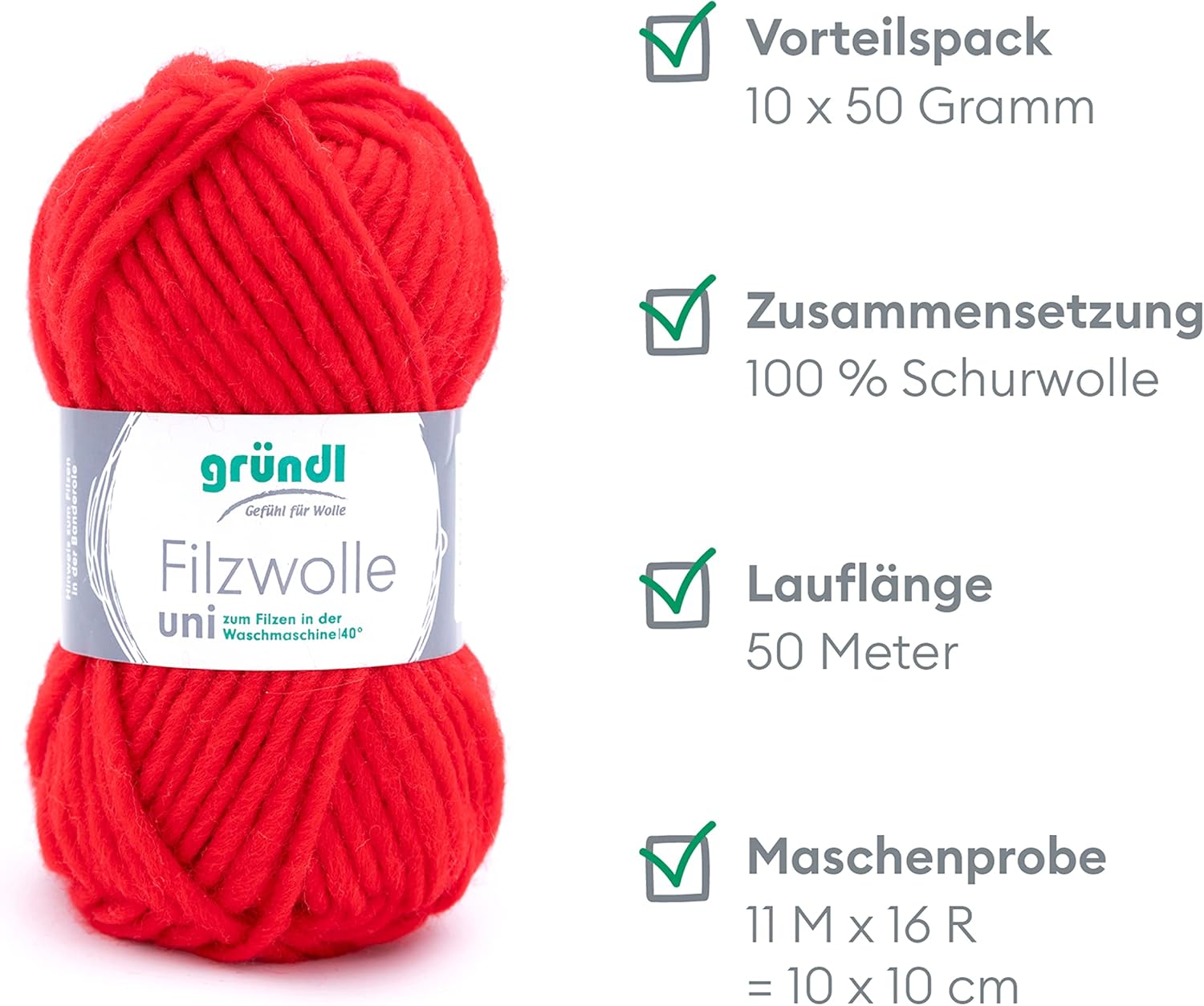 Gründl Wool Uni, Package: 10 Balls à 50 g, Wool, Signal red, 31 x 32 x 7.5 cm