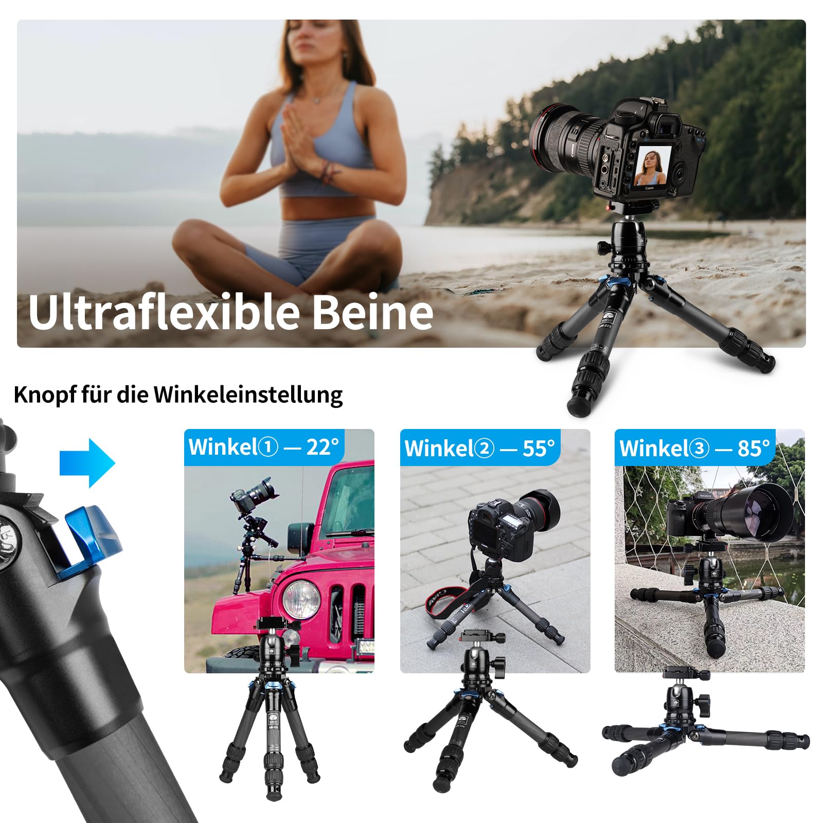 SIRUI AM-223 Carbon Mini Stativ,Klein kompaktes Kamerastativ, Tischstativ mit 360° Arca Swiss B-00K Kugelkopf für DSLR, Höhe zusammengeklappt 13cm, max. Höhe 43cm