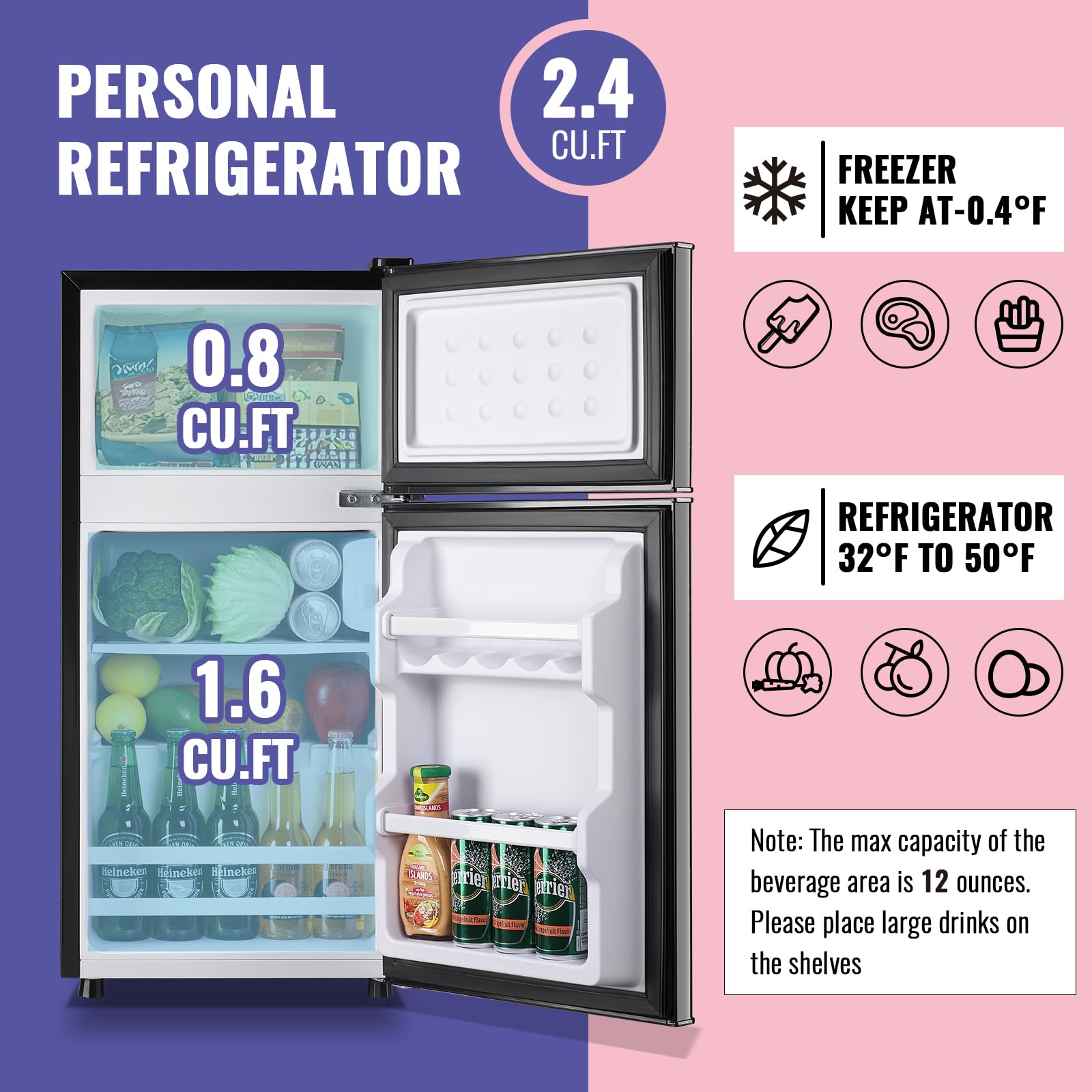 Demuller 2.4 Cu.Ft Small Refrigerator With Freezer Mini Fridge Removable Plastic Shelves Ideal For Apartment,Dormitory Black on Fridge.com - View 2