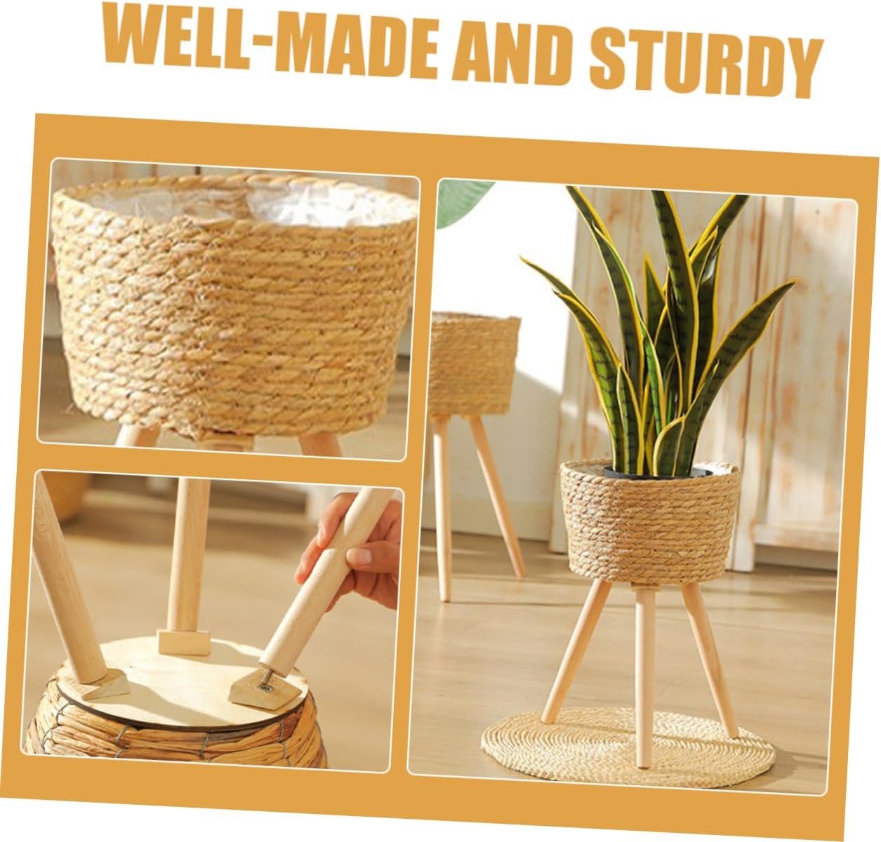 Wood Woven Plant Pot Stand with Legs Durable Minimalist Flower Basket for Indoor and Outdoor Use for Home Decor and Garden Display
