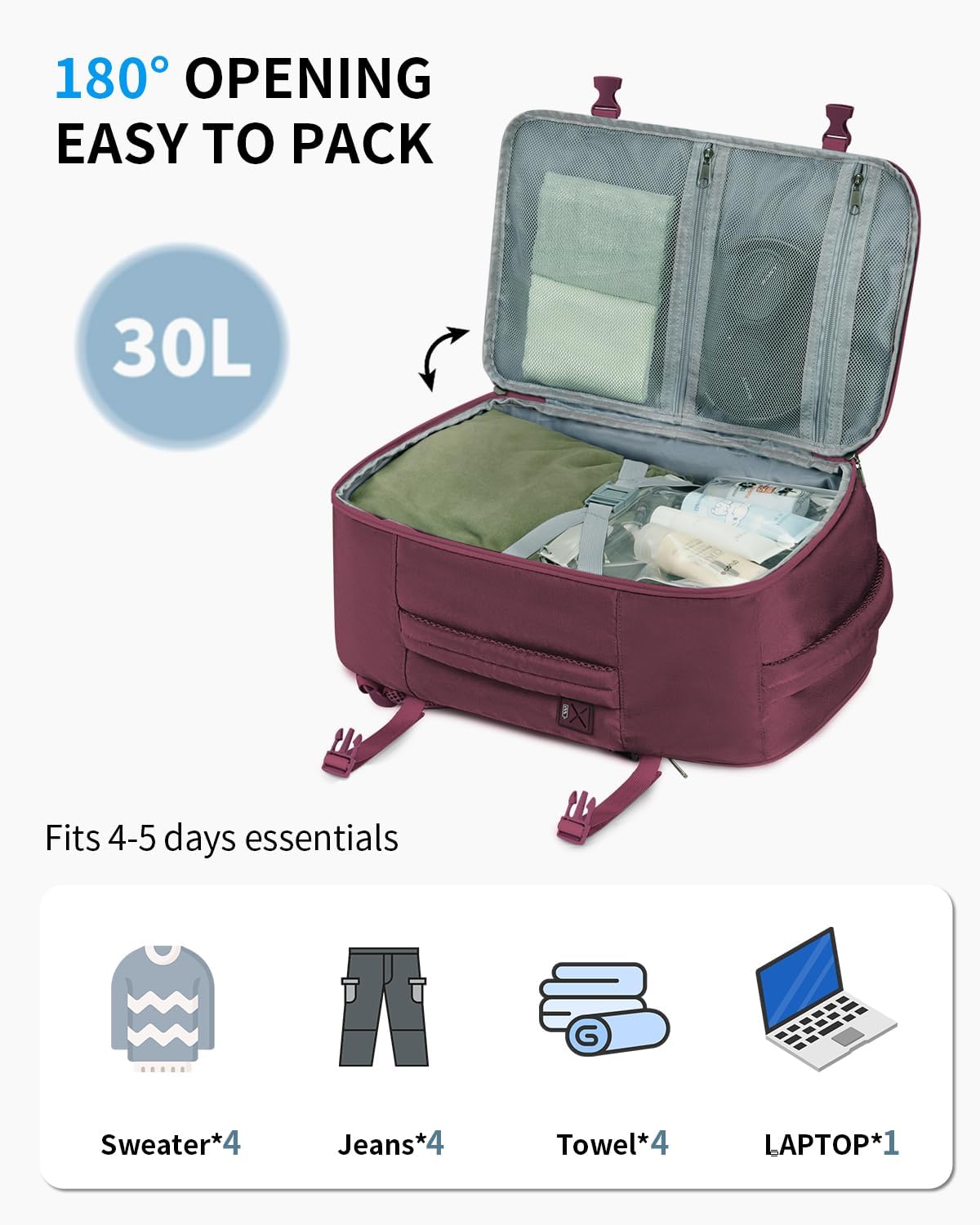 ECOHUB Travel Backpack for Women, Carry on Backpack with USB Charging Hole, Spirit Airlines Personal Item Bag Flight Approved, 15.6 Inch Laptop Backpack with Anti Theft Pockets, 30L, Red - Image 4