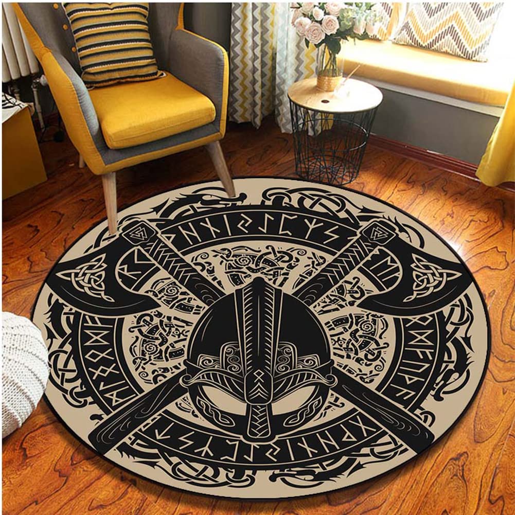 Tapis rond Vikings 100cm antidérapant avec motif de hache nordique pour salon et cuisine