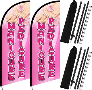 2 Sets Nails Salon Feather Flag Sign 7FT Manicure Pedicure Flags for Business Pole Kit with Stainless Steel Ground Spikes Portable Bags Pink Feather Banner Signs for Businesses Advertising