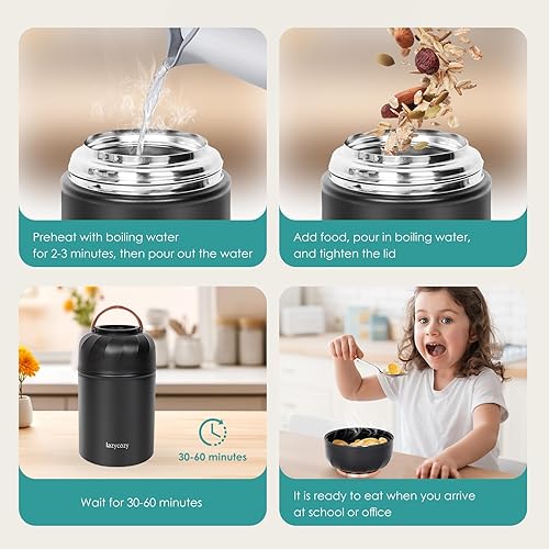 Miniatura 6 de lazycozy® Termo para alimentos calientes, 17 onzas, termo de sopa con cuchara plegable, tarro de alimentos aislado al vacío portátil de acero
