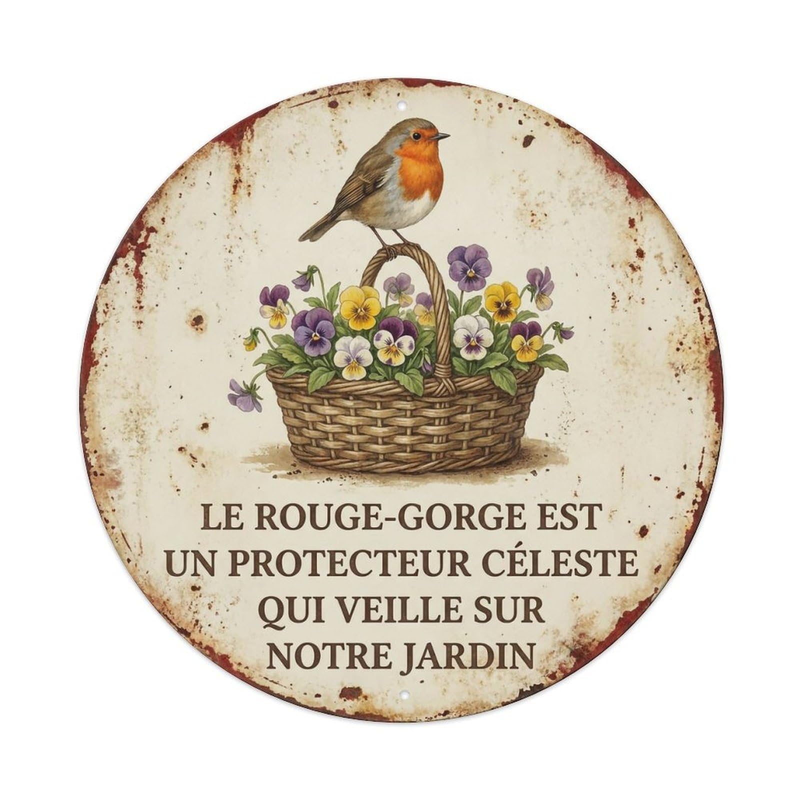 Yrnq Vintage Style Robin Bird Garden Quote Protecteur Vintage Metal Tin Sign Plaque Wall Decor For Cafe, Club, Garden Round Metal Poster 8X8inch