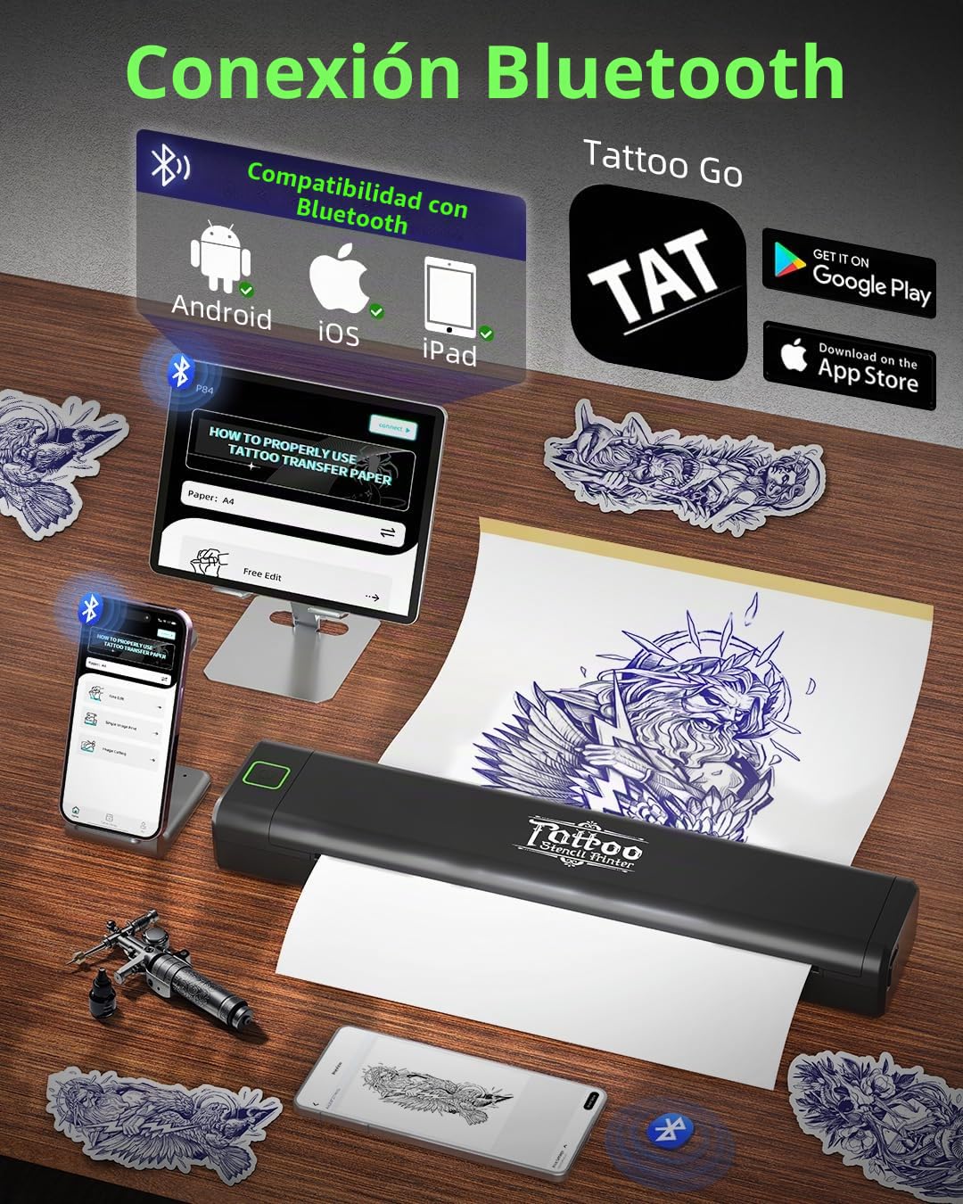 Impresora térmica, Termocopiadora Tattoo Bluetooth para Tatuajes DIY, con 10pcs Termocopiadora Tatuaje Papel, Tatuajes Compatible con Teléfono Tablet PC para Artistas y Principiantes