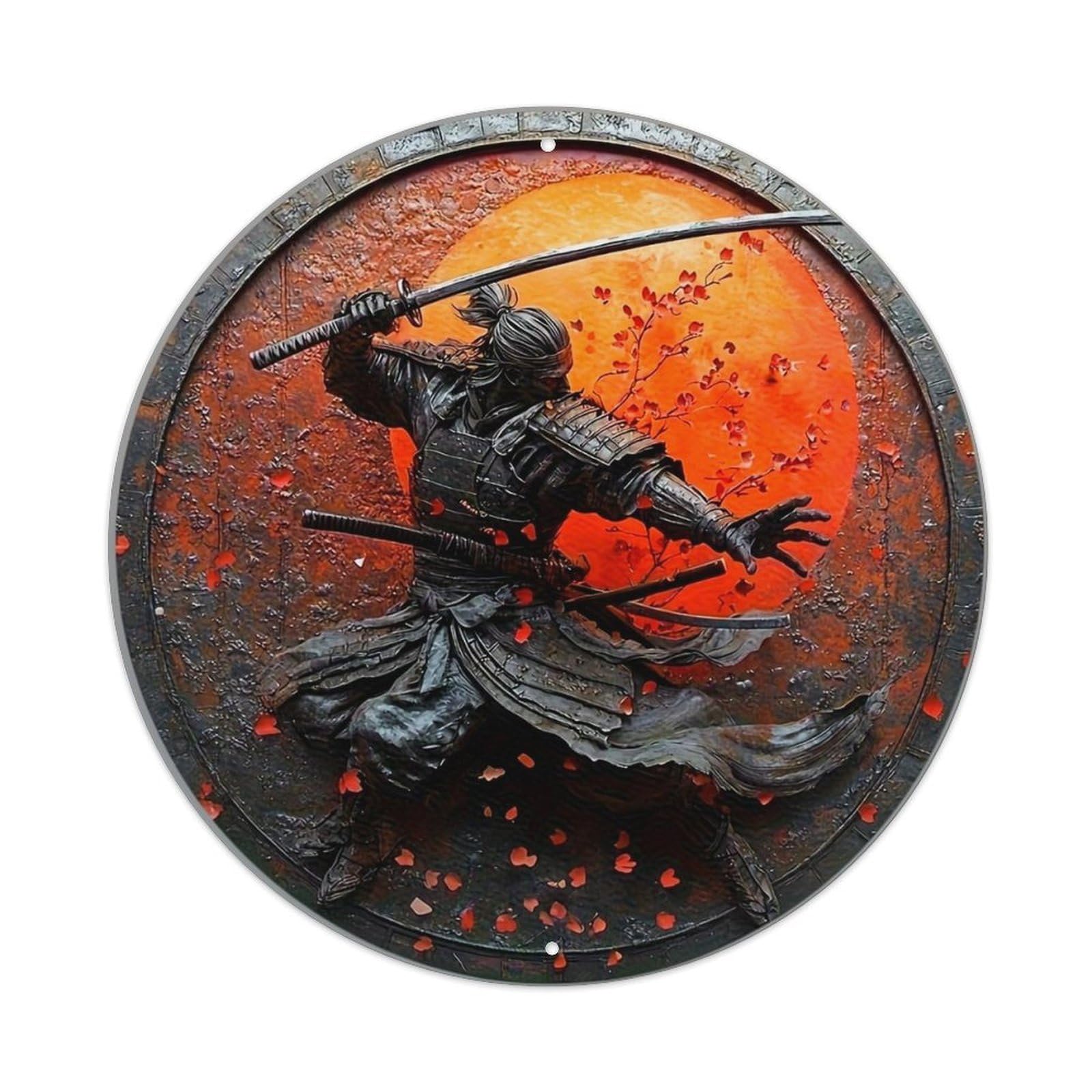 Samurai Warrior Sword Fight Scene Vintage Metal Tin Sign Retro Wall Decor for Home Bar Garage Cafe, Indoor & Outdoor Decorative，circle Metal Poster, 8x8 Inch