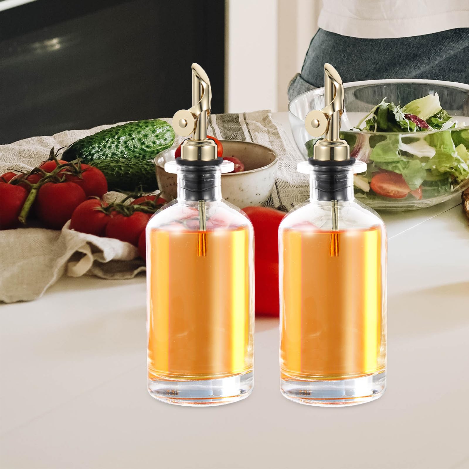 Botellas de Vidrio para Aceite y Vinagre 350ml, Dosificador Automático Boquilla Dorada Antigoteo, Set de 2 Unidades para Cocina y Restaurante, Dispensador Controlado para