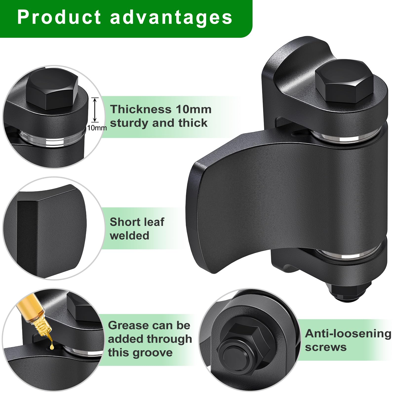 Insaga Cerniere per cancelli resistenti, 6 mm in acciaio al carbonio saldate con finitura in ossido nero, boccole integrate e dadi anti-allentamento, 9,4 x 7,1 cm per un'apertura liscia, cancelli di