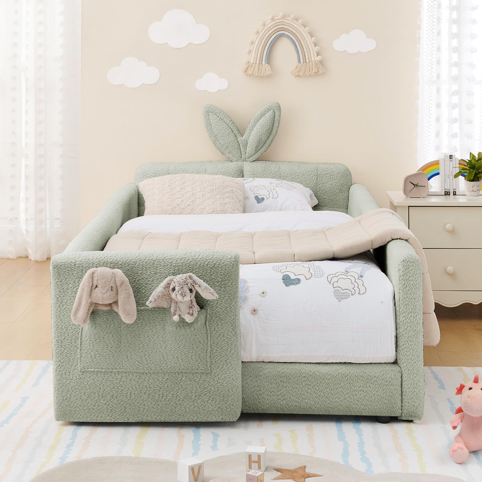 Twin Size Kids Bed with Rabbit Ear Headboard, Upholstered Boucle Fabric Twin Daybed with Slats Support &amp; Side Pockets, Space-Saving Wooden Corner Sofa Couch Bed Frame for Girls, Boys, Teenager(Green)