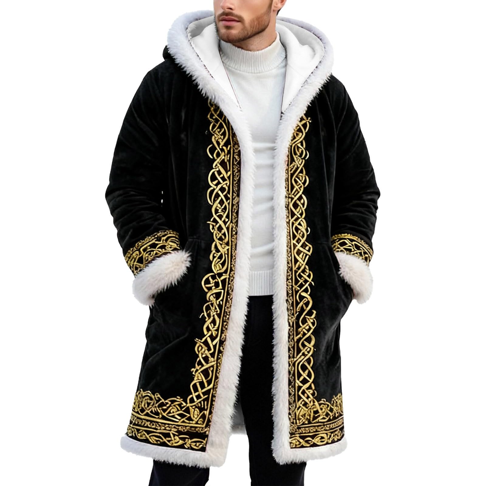 Santa Claus Costume Men's Christmas Costume Men's Funny Christmas Fleece Hoodie Oversize Christmas Jacket Warm Soft Cardigan Festive Party Coat Xmas Hooded Coat with Hood, O Black, 4XL