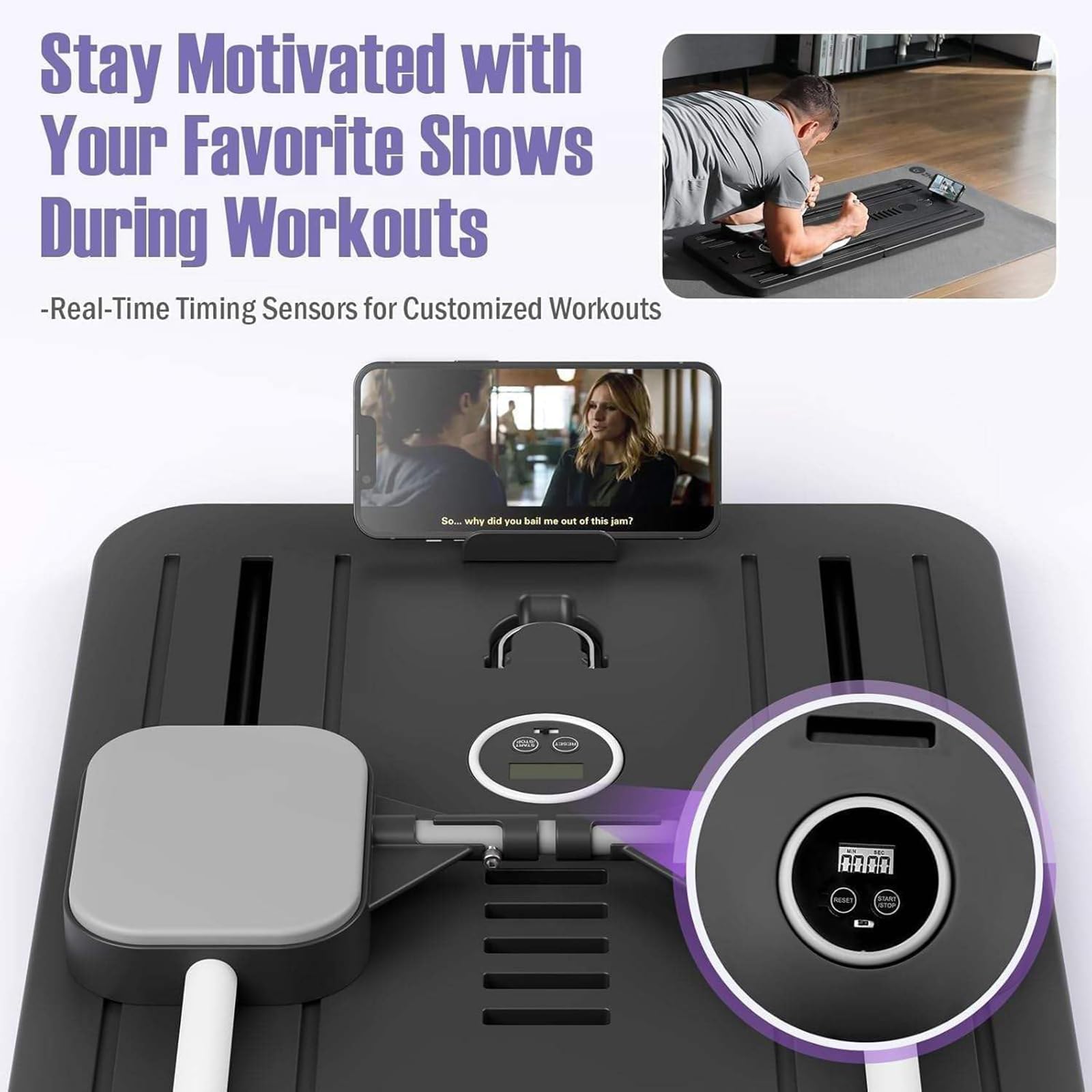 Pilates Reformer Board, macchina portatile pieghevole per esercizi addominali con timer intelligente, supporto per gomiti, fasce di resistenza e rullo per addominali per allenamenti a casa