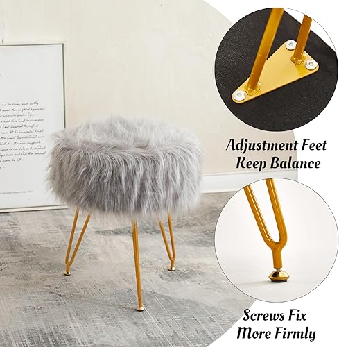 Miniatura 5 de Taburete de tocador de piel sintética, taburete de maquillaje otomano peludo, taburete redondo tapizado con 4 patas de metal y pies ajustables para