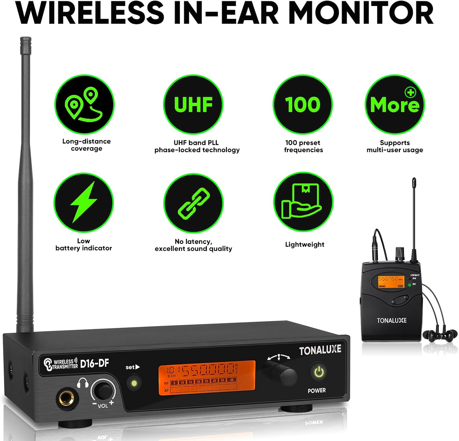 Wireless in Ear Monitor System, PRO UHF IEM System Mono with Metal Rack Mountable Transmitter, 1 Bodypack Receiver with Earphone, 100 Adjustable Frequencies, 262ft Operation for Singers Bands