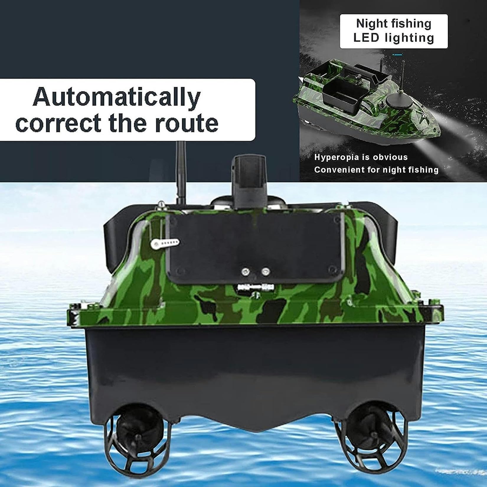 Barca Esca Telecomandata da Pesca, Barchino Carpfishing per Piscine & Laghi, Fish Bait Boat 500m GPS Crociera a Doppio Motore Crociera Automatica, Tre Contenitori Esca, Capacità di Carico di 2kg