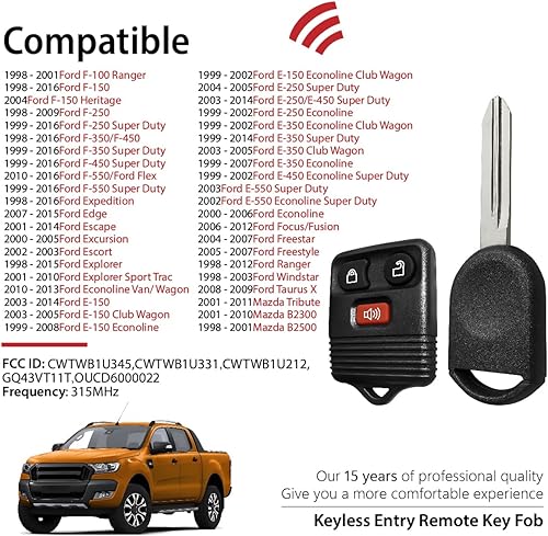 Miniatura 2 de Control remoto de entrada sin llave CWTWB1U345 315MHz 3 botones de repuesto para Ford E-Series 1998-2016 Escape Escort F-Series Lincoln Mazda