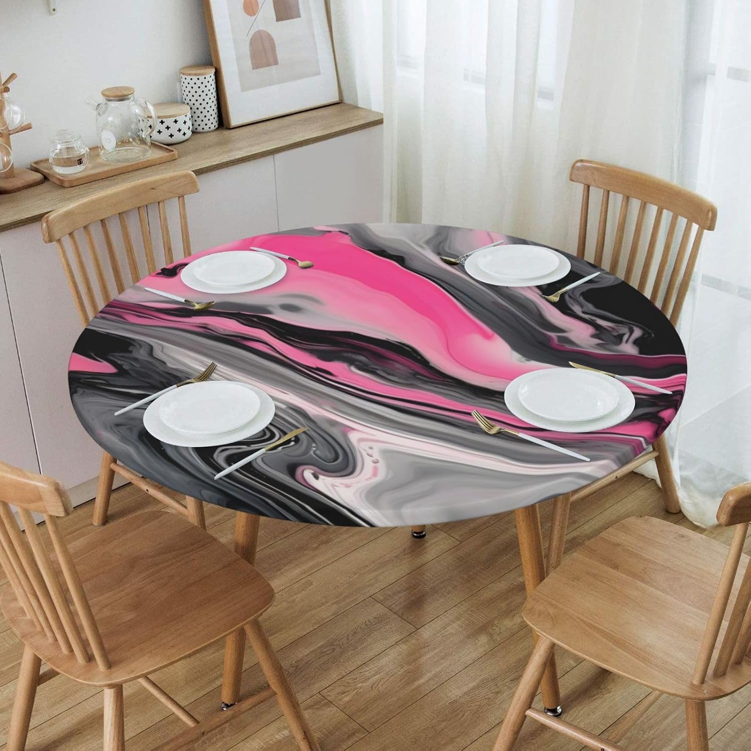Pink Abstract Marble Gray Artistic Print Outdoor Patio Kitchen Decor Supplies Wipeable Round Table Cloth for Indoor Outdoor