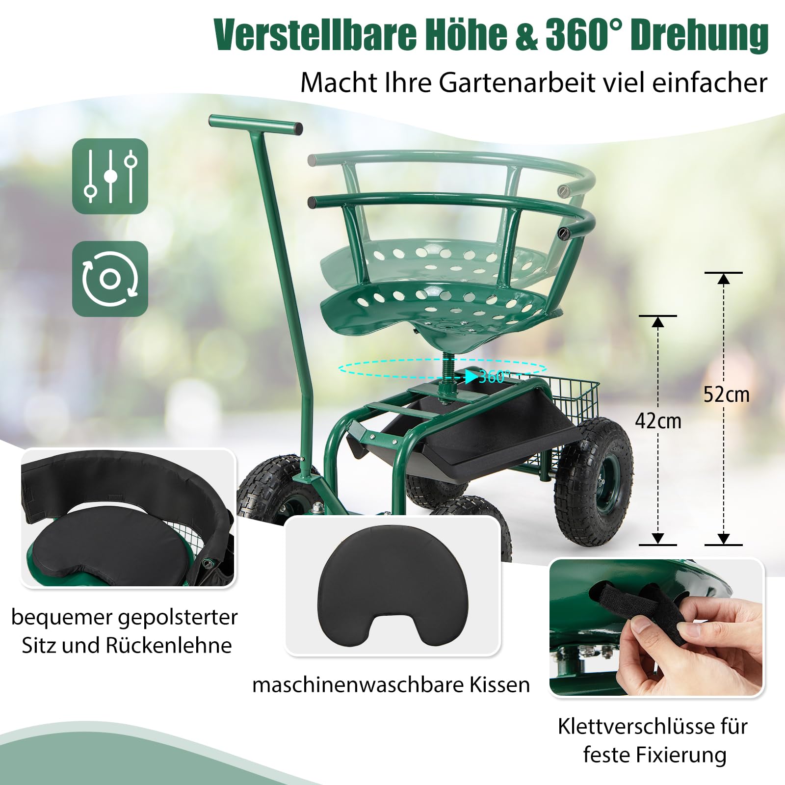 GOPLUS Rolzitje voor tuin, 360 graden draaibaar, met wielen en