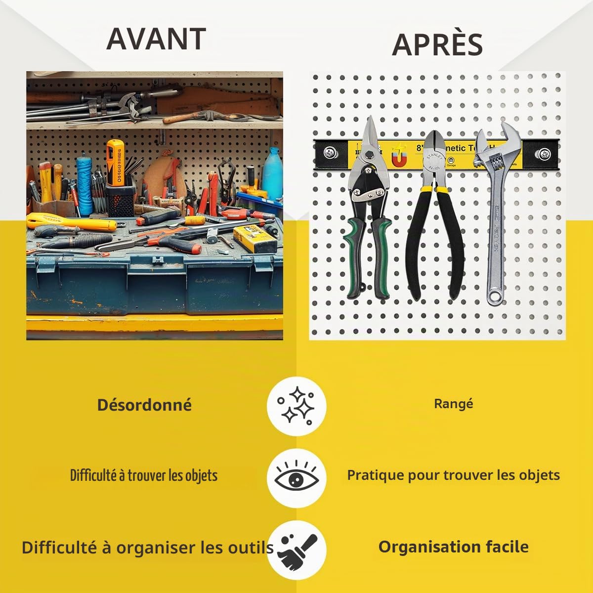 Lot de 4 porte-outils magnétiques de 20,3 cm - Bandes magnétiques robustes - Barre d'outils magnétique - Pour garage, mur, établi, tournevis, clé