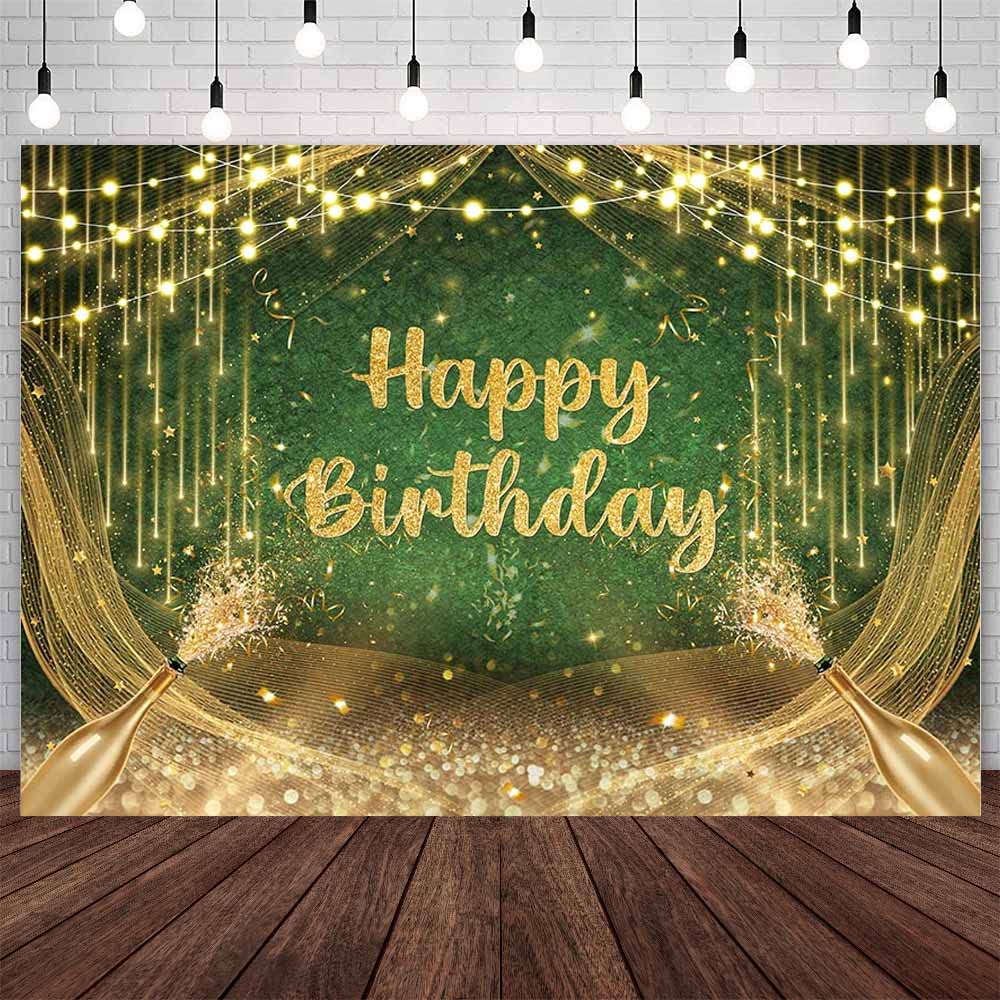 AIBIIN 7x5ft Green Gold Birthday Backdrop Happy Birthday Photography Background Gold Glitter Prom Party Decorations Banner Photo Studio Props