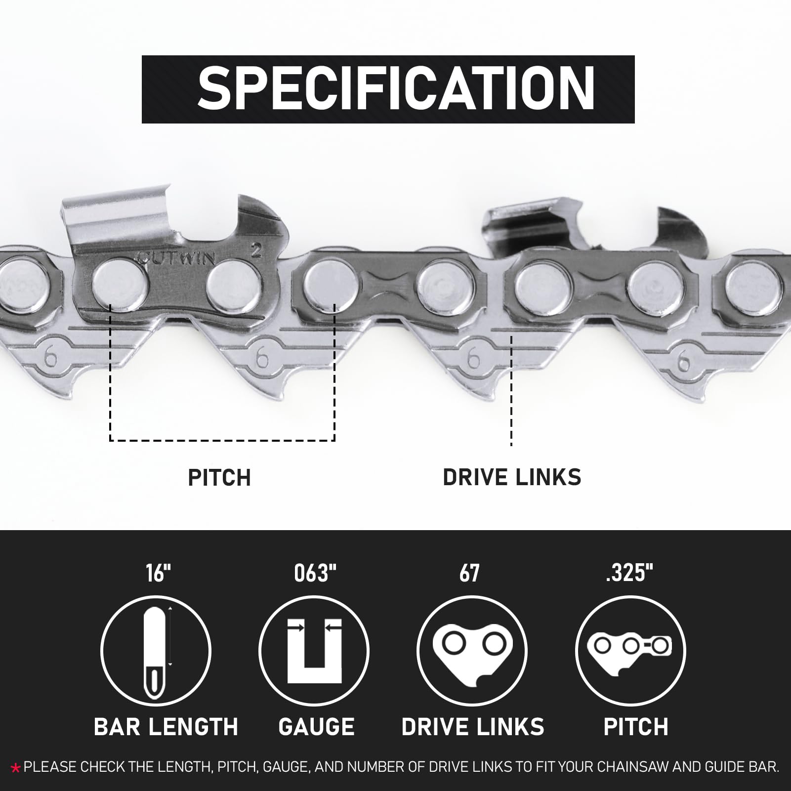 1 confezione da 16 pollici catena per motosega passo 0,325 pollici 0,63" calibro 67 maglie, approvato UL standard ANSI lama di ricambio per motosega compatibile con MS 260 MS261 MS270 MS271