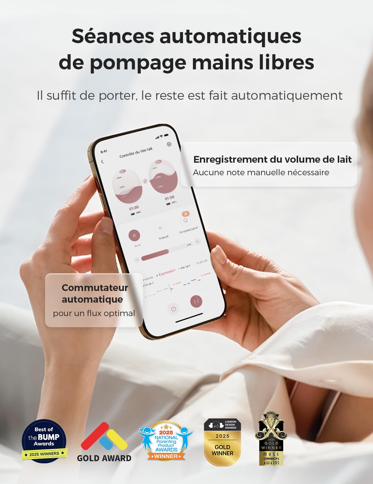Momcozy Air 1 Tire-Lait Ultra-Fin, Tire-Lait Portable Mains Libres avec Étage de Chargement sans Fil & Contrôle par Application avec Mode Auto & Alerte de Remplissage, Dessus Transparent
