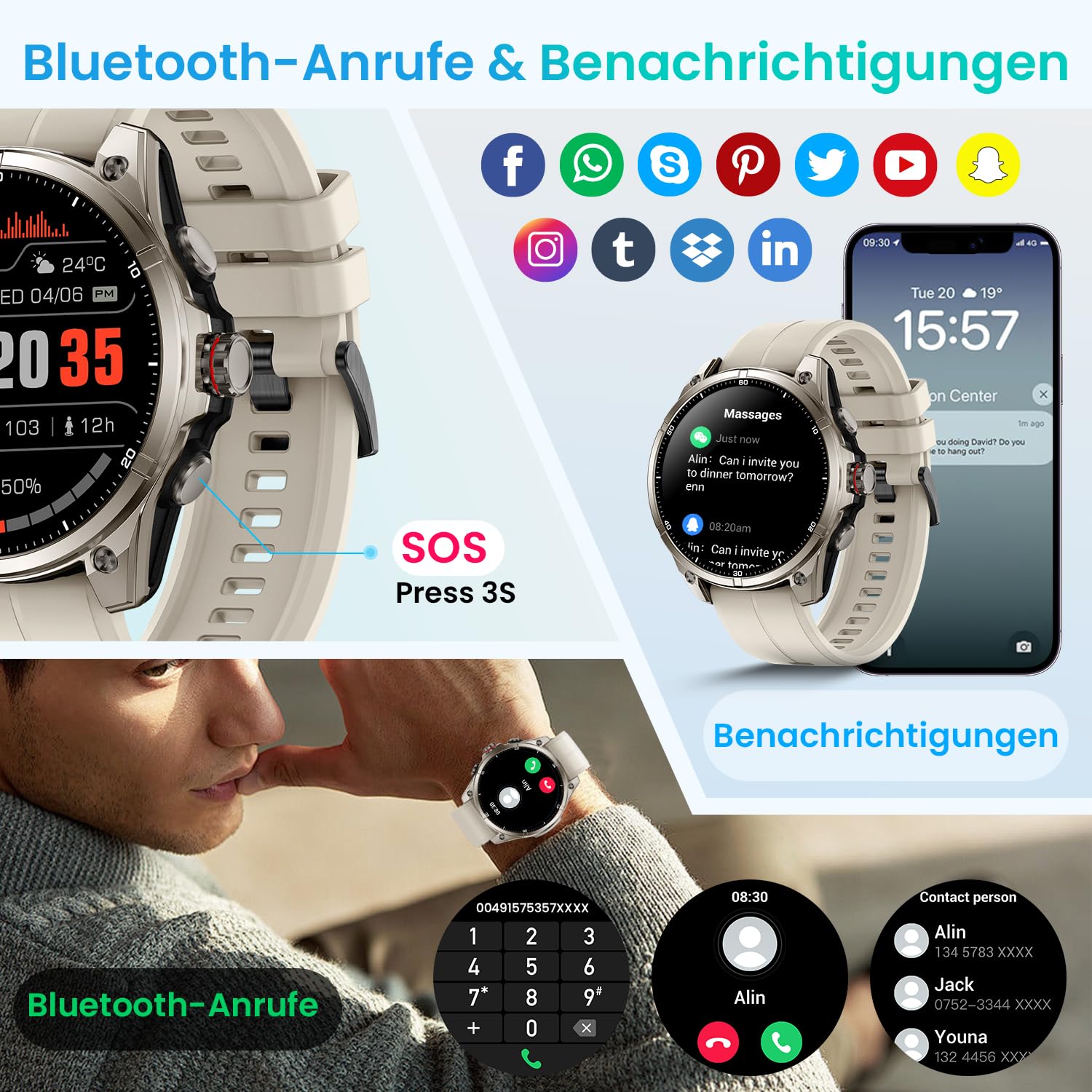 Rogbid Smartwatch dla mężczyzn, GPS, zegarek sportowy, 1,43" HD AMOLED, 5 ATM, wodoszczelny, metalowy, wojskowy smartwatch, tracker aktywności fizycznej z kompasem, krokomierzem, monitorem snu, tętnem