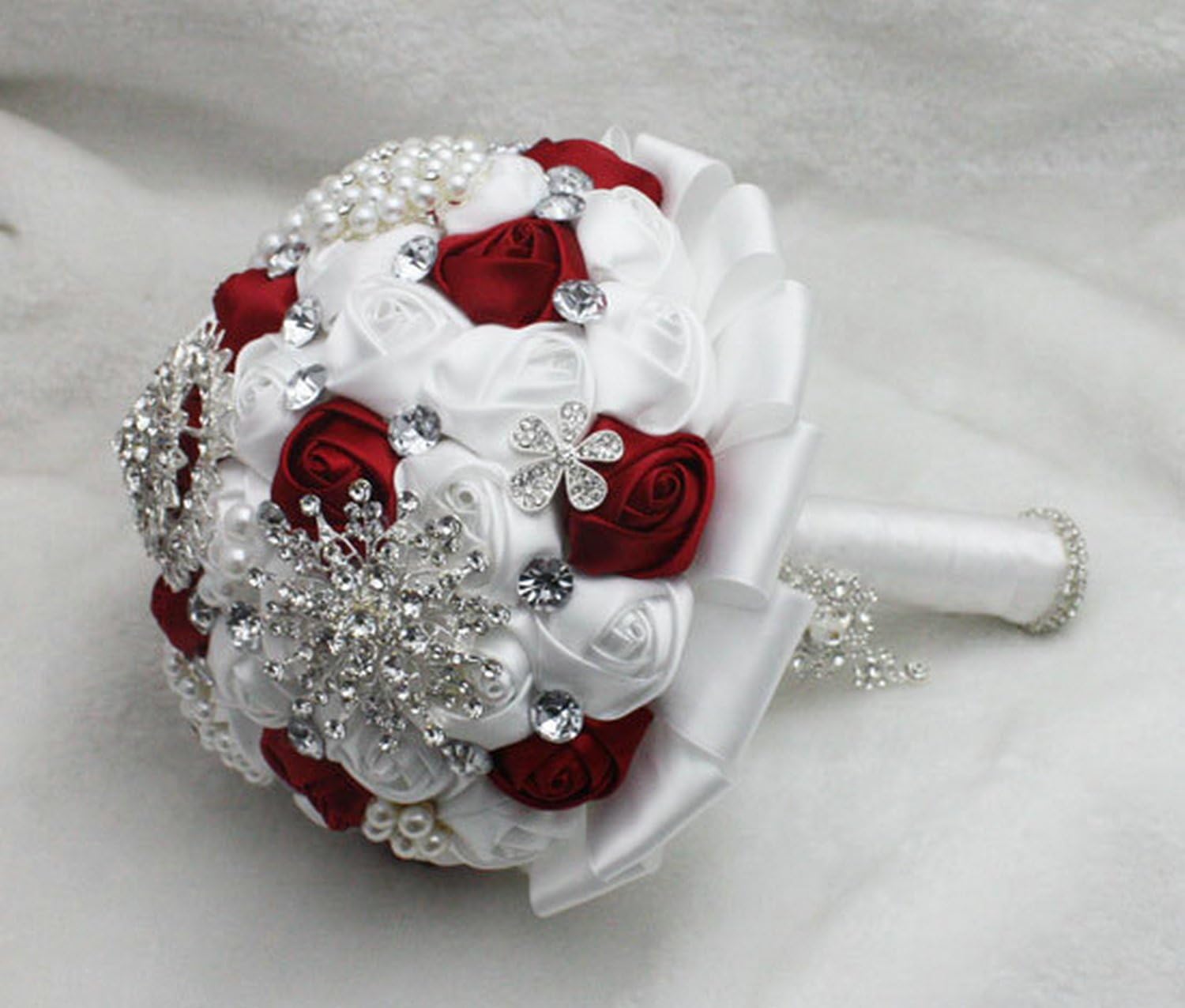 Flyme Wedding Bouquets,Bridal Bride Holding Flowers,Water Drops (White + Burgundy)