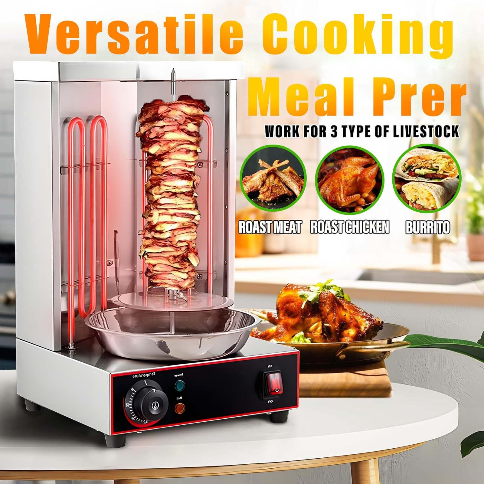 Four à Dinde Rotatif Vertical Et Gril à Shawarma - 3000 W, Chauffage éLectrique Professionnel Uniforme De 50 à 300 °C, Rotation Automatique, Hauteur RéGlable, Acier Inoxydable, pour Gyros