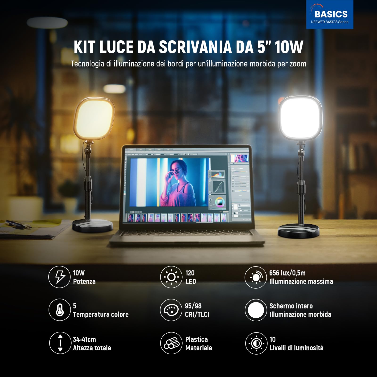 NEEWER Basics - Set di 2 lampade da scrivania da 5" per videoconferenza, 10 W, per computer portatile, trasmissione, registrazione telefonica, anello luminoso a LED a schermo intero CRI95 con supporti
