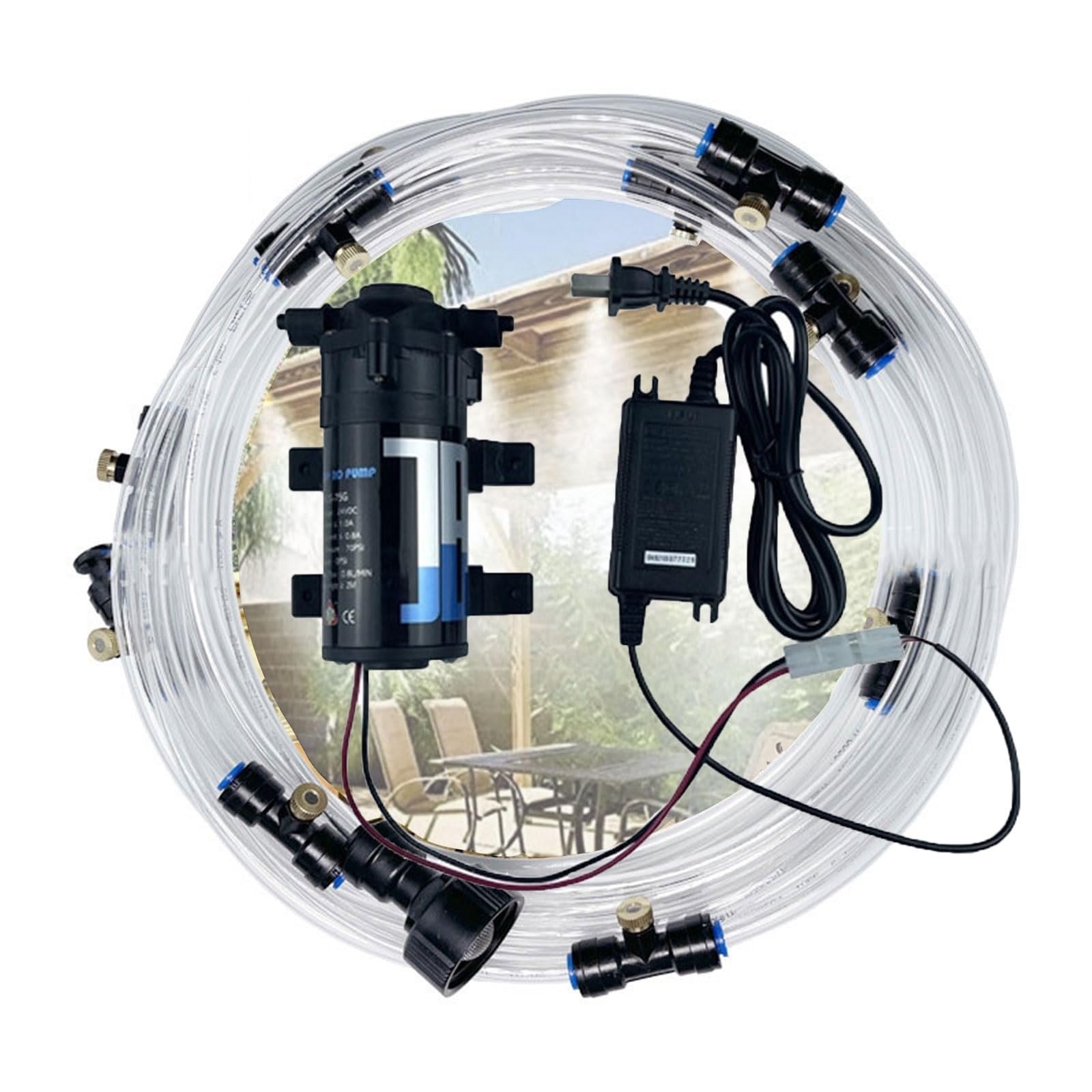 Wassernebel Sprühsystem Con Schlauch und Metalldüsen, Sprühnebel Kühlung Set mit Pumpe, Gartenbewässerungssystem, DIY-Pflanzenbewässerungs-Set (Color : Black Tee, Size : 8M+10 nozzles)