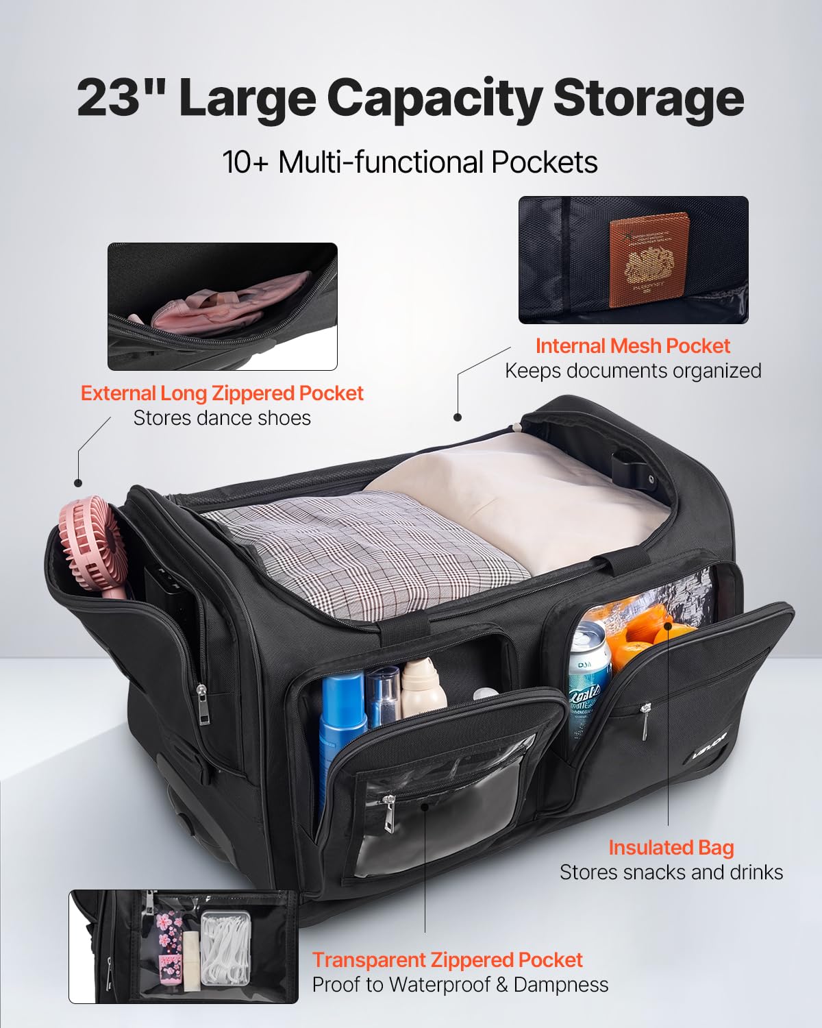 VEVOR Bolsa de Baile, con Perchero Ajustable en Altura, con Ruedas de 584,2 mm, Puerto USB, Cortina de Privacidad, para Viajes y Competiciones, Tejido Oxford 600D Laminado con PVC, Negro Mate