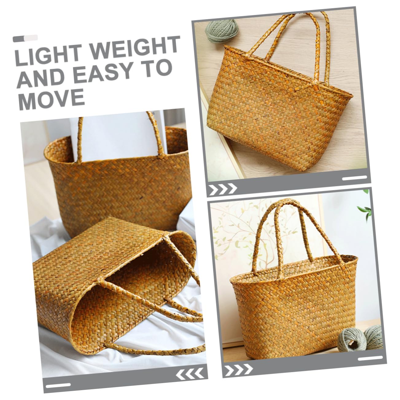 Hohopeti Cesta Pequeña con Asa de Paja Natural para Almacenamiento y Decoración, Diseño Delicado, Ligera, Adecuada para IR la Playa o Decorar Tu Salón